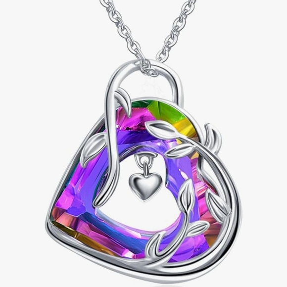 Jewelry - Rhodium Plated Heart Crystal Pendant Necklace, Pink